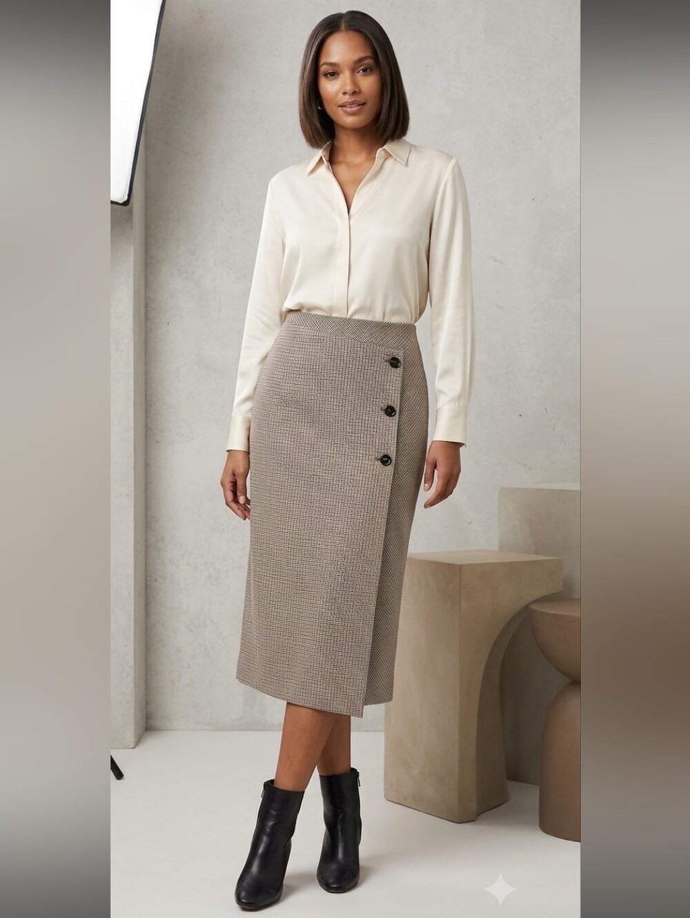 Babaton Aritzia Neutral Houndstooth Wrap-Style Midi Skirt with Side Buttons